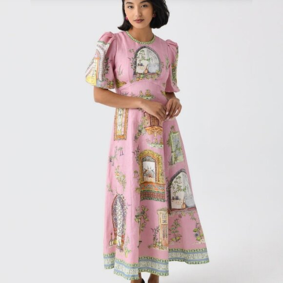 Alémais Monte printed pink linen midi dress